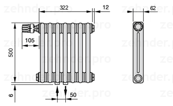 Схема (чертеж) Радиатор Zehnder Charleston 2050/7 №V007 Белый глянцевый RAL 9016
